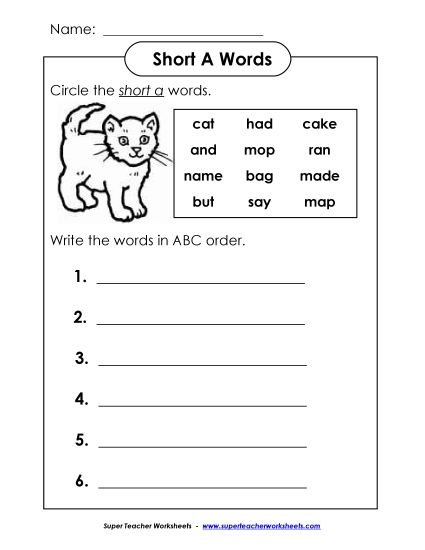 Worksheets - Short A - ABC Order (Printable PDF Worksheet)