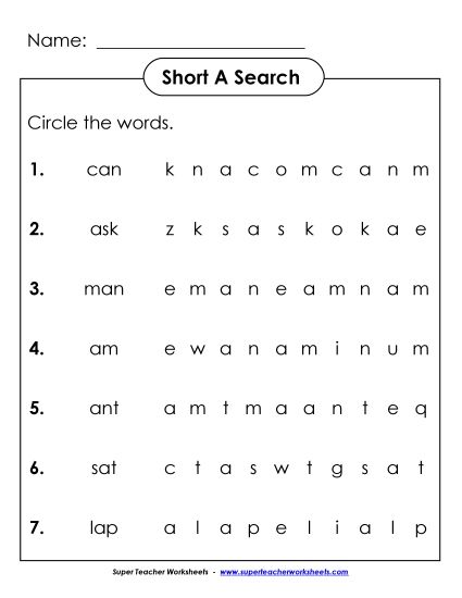 Worksheets - Short A: Horizontal Word Hunt (Printable PDF Worksheet)