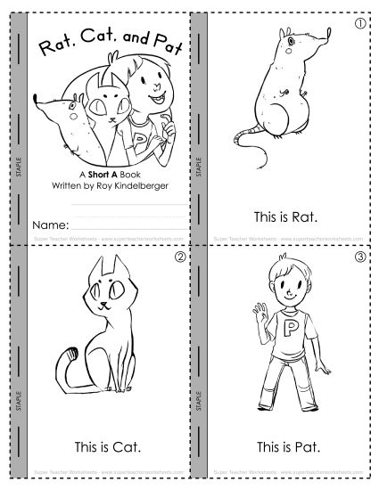 Cut & Glue Activities - Short A Mini-Book Activity: Rat, Cat, and Pat (Printable PDF Worksheet)
