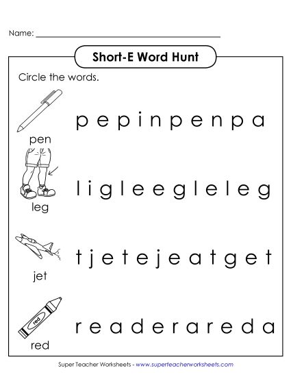 Worksheets - Short E: Horizontal Word Hunt 1 (Illustrated) (Printable PDF Worksheet)