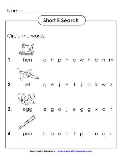 Worksheets - Short E: Horizontal Word Hunt 2 (Illustrated) (Printable PDF Worksheet)