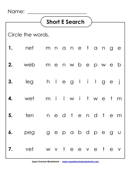 Worksheets - Short E: Horizontal Word Hunt (Printable PDF Worksheet)