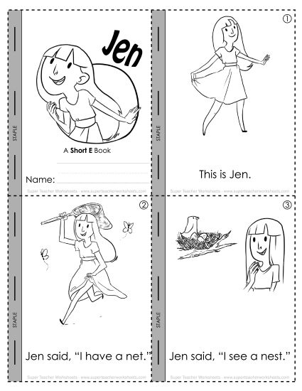 Cut & Glue Activities - Short E Mini-Book Activity: Jen (Printable PDF Worksheet)