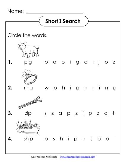 Worksheets - Short I: Horizontal Word Hunt 2 (Illustrated) (Printable PDF Worksheet)