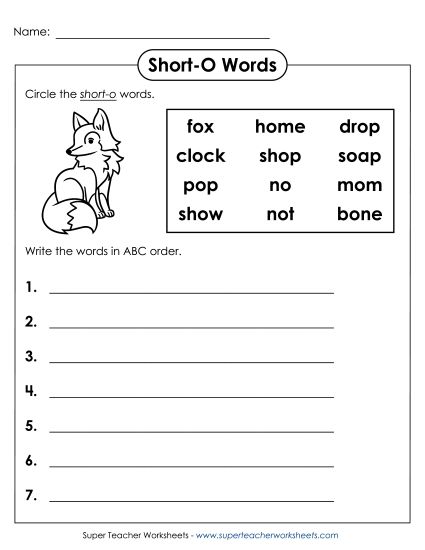 Worksheets - Short O - ABC Order (Printable PDF Worksheet)