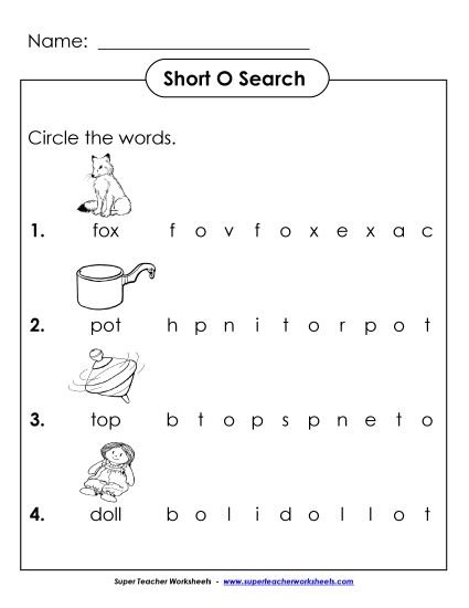 Worksheets - Short O: Horizontal Word Hunt 2 (Illustrated) (Printable PDF Worksheet)