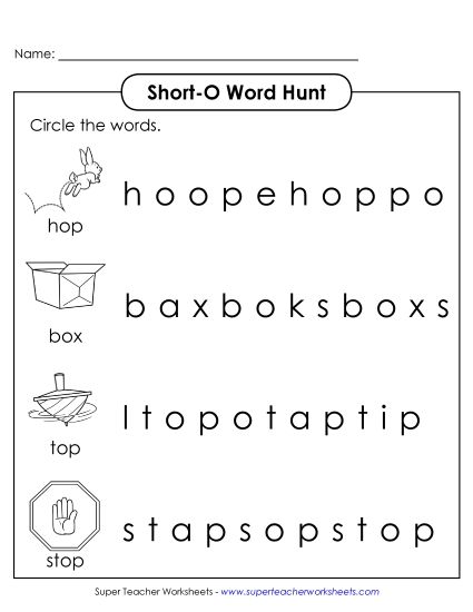Worksheets - Short O: Horizontal Word Hunt (Illustrated) (Printable PDF Worksheet)