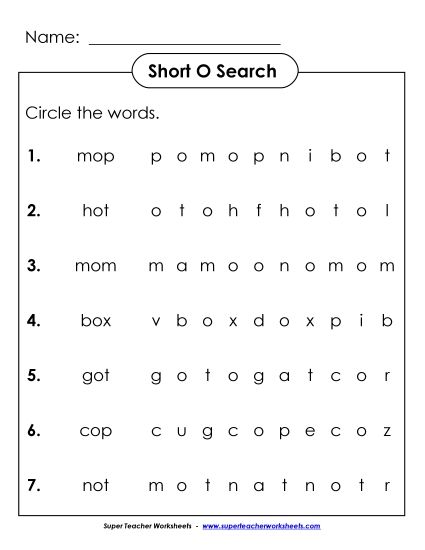 Worksheets - Short O: Horizontal Word Hunt (Printable PDF Worksheet)