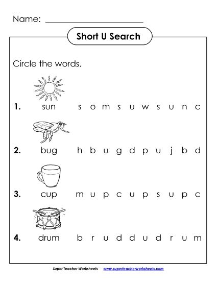 Worksheets - Short U: Horizontal Word Hunt 2 (Illustrated) (Printable PDF Worksheet)