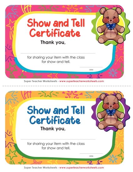 Pre-K and K Special Day Awards - Show and Tell Certificate (Printable PDF Worksheet)