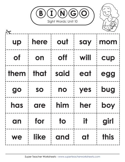 Worksheets - Sight Word Bingo (Unit 10) (Printable PDF Worksheet)