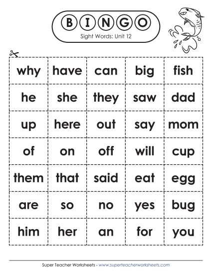 Worksheets - Sight Word Bingo (Unit 12) (Printable PDF Worksheet)