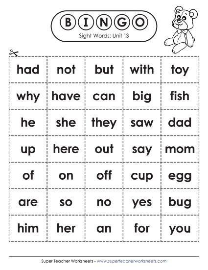 Worksheets - Sight Word Bingo (Unit 13) (Printable PDF Worksheet)
