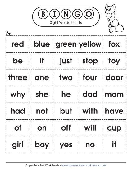 Worksheets - Sight Word Bingo (Unit 16) (Printable PDF Worksheet)