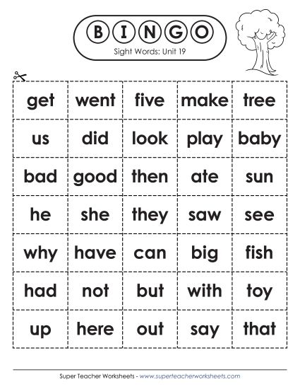 Worksheets - Sight Word Bingo (Unit 19) (Printable PDF Worksheet)