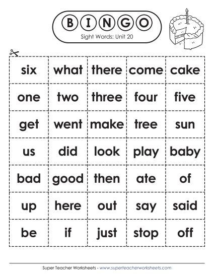 Worksheets - Sight Word Bingo (Unit 20) (Printable PDF Worksheet)
