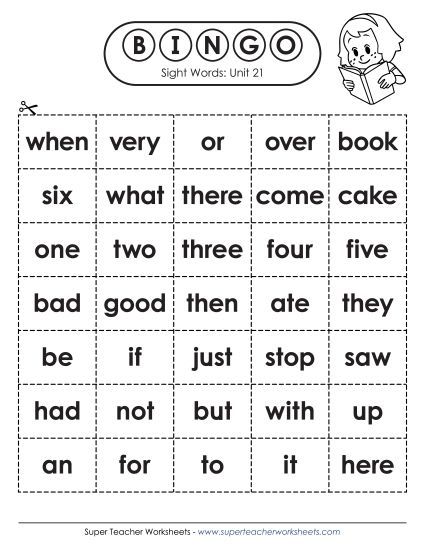Worksheets - Sight Word Bingo (Unit 21) (Printable PDF Worksheet)