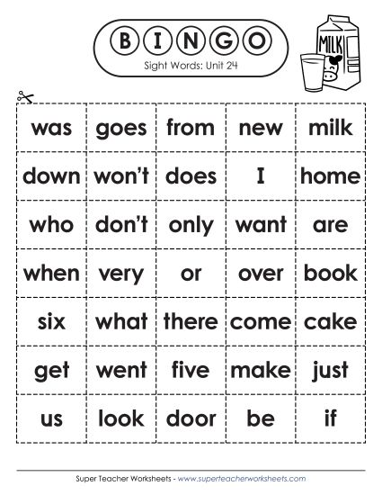 Worksheets - Sight Word Bingo (Unit 24) (Printable PDF Worksheet)