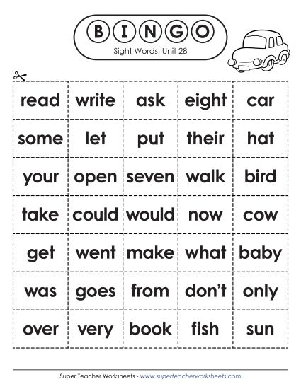 Worksheets - Sight Word Bingo (Unit 28) (Printable PDF Worksheet)