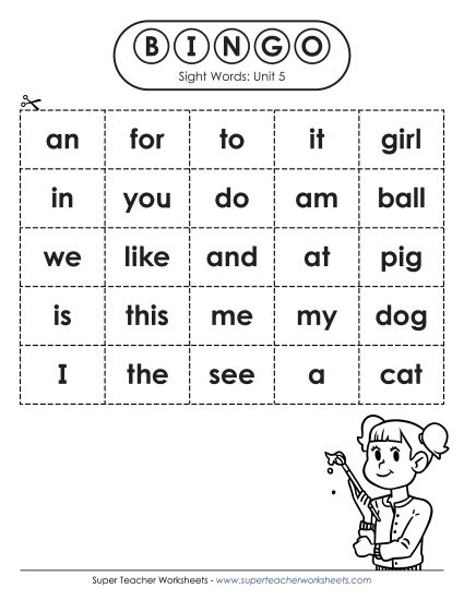 Worksheets - Sight Word Bingo (Unit 5) (Printable PDF Worksheet)