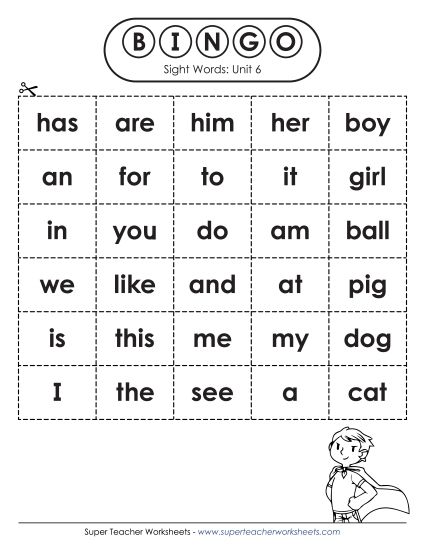 Worksheets - Sight Word Bingo (Unit 6) (Printable PDF Worksheet)