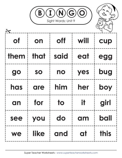 Worksheets - Sight Word Bingo (Unit 9) (Printable PDF Worksheet)