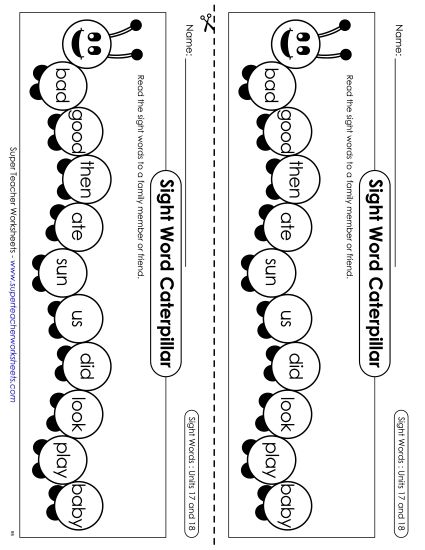 Worksheets - Sight Word Caterpillar: Units 17 and 18 (Printable PDF Worksheet)