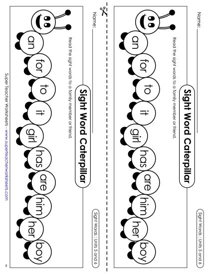 Worksheets - Sight Word Caterpillar: Units 5 and 6 (Printable PDF Worksheet)