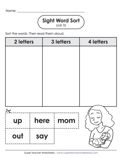 Worksheets - Sight Word Sort (Unit 10) (Printable PDF Worksheet)