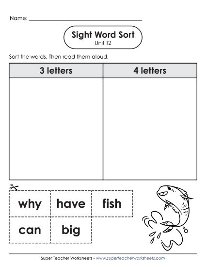 Worksheets - Sight Word Sort (Unit 12) (Printable PDF Worksheet)