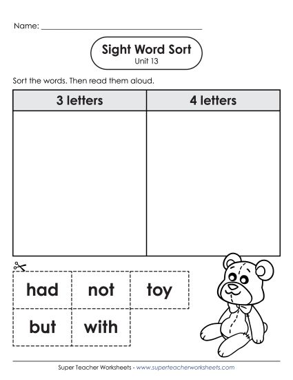 Worksheets - Sight Word Sort (Unit 13) (Printable PDF Worksheet)