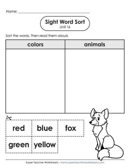 Worksheets - Sight Word Sort (Unit 16) (Printable PDF Worksheet)