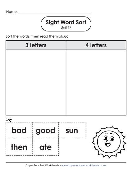 Worksheets - Sight Word Sort (Unit 17) (Printable PDF Worksheet)