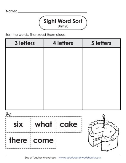 Worksheets - Sight Word Sort (Unit 20) (Printable PDF Worksheet)