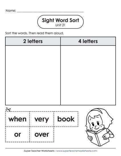 Worksheets - Sight Word Sort (Unit 21) (Printable PDF Worksheet)
