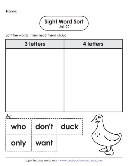 Worksheets - Sight Word Sort (Unit 22) (Printable PDF Worksheet)