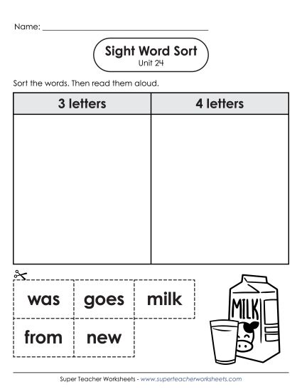Worksheets - Sight Word Sort (Unit 24) (Printable PDF Worksheet)