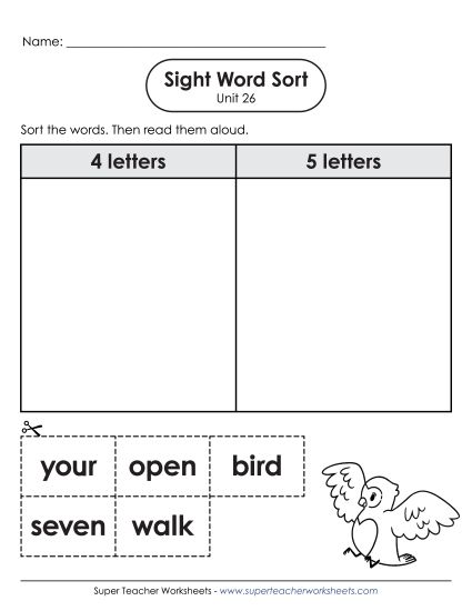 Worksheets - Sight Word Sort (Unit 26) (Printable PDF Worksheet)