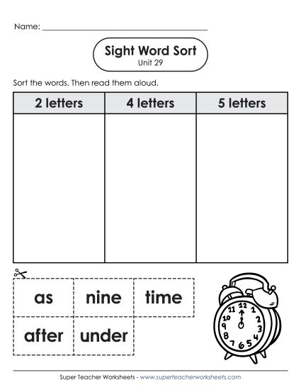 Worksheets - Sight Word Sort (Unit 29) (Printable PDF Worksheet)