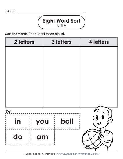 Worksheets - Sight Word Sort (Unit 4) (Printable PDF Worksheet)