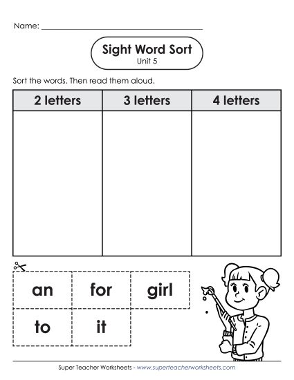 Worksheets - Sight Word Sort (Unit 5) (Printable PDF Worksheet)