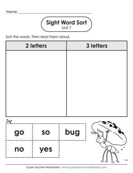 Worksheets - Sight Word Sort (Unit 7) (Printable PDF Worksheet)