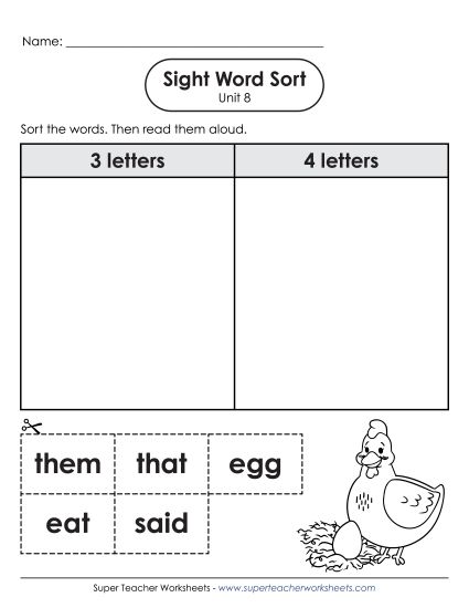 Worksheets - Sight Word Sort (Unit 8) (Printable PDF Worksheet)