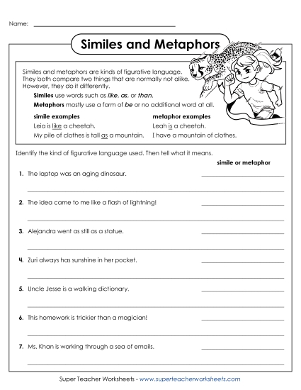 Similes & Metaphors Mixed - Similes & Metaphors: Identify & Interpret  (Printable PDF Worksheet)