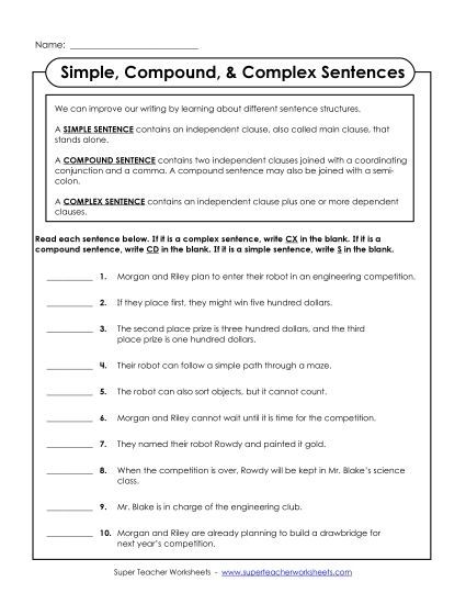 Simple, Compound, and Complex Sentences - Simple, Compound, Complex (Printable PDF Worksheet)