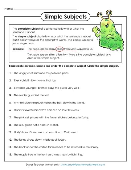 Simple Subjects & Predicates - Simple Subjects (Printable PDF Worksheet)