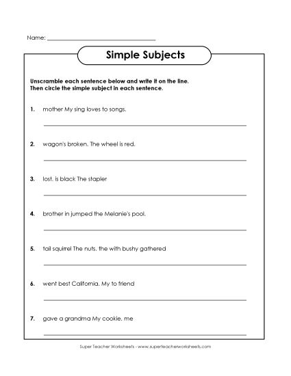 Simple Subjects & Predicates - Simple Subjects - Unscramble (Printable PDF Worksheet)