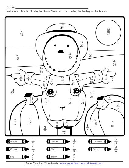 Fractions - Simplifying Fractions: Scarecrow (Printable PDF Worksheet)
