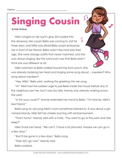 Fiction Stories - Singing Cousin (Fiction) (Printable PDF Worksheet)