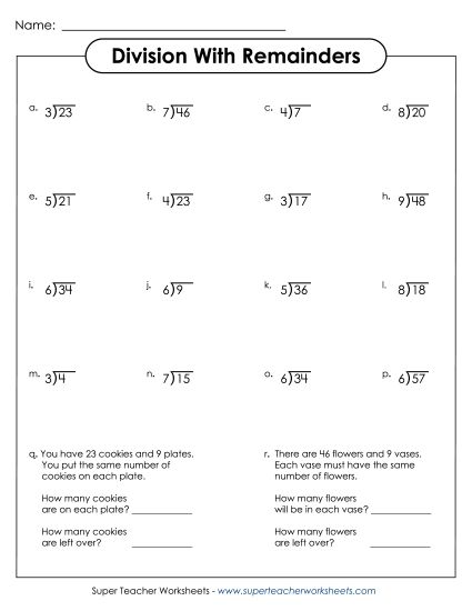 Basic Remainders - Single Digit Division w/ Remainders (Printable PDF Worksheet)
